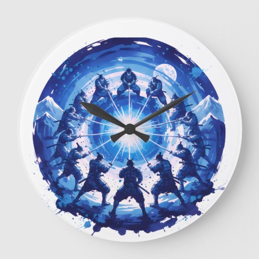 Samurai Unity Japanese Blue Ink Art Circular Große Wanduhr (Vorderseite)