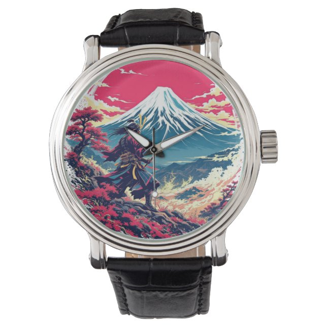 Samurai Warrior at Mount Fuji Japanese Art  Armbanduhr (Vorderseite)