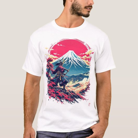 Samurai Warrior at Mount Fuji Japanese Art T-Shirt (Vorderseite)