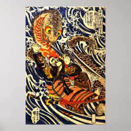Samurai Warrior Fighting Giant Salamander Poster