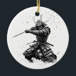 Samurai Warrior in Action Japanese Art Ceramic  Keramik Ornament<br><div class="desc">A striking black-and-white illustration of a samurai warrior ready for battle. Inspired by traditional Japanese culture,  bushido code,  and manga art style. Perfect for fans of samurai,  Japan,  anime aesthetics,  and minimalist ink designs. A unique decorative ornament and a great gift idea.</div>
