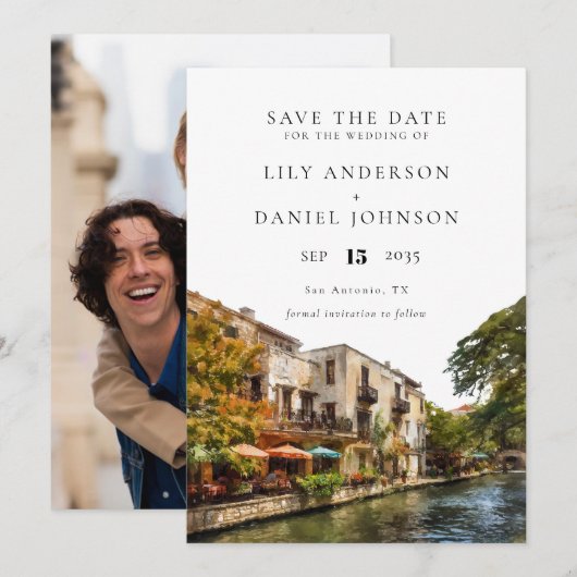 San Antonio Aquarell-Foto-Hochzeit Save The Date (Vorne/Hinten)