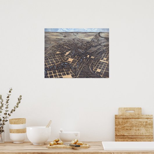 San Antonio, Texas, Antike Luftkarte, 1873 Poster (Küche)