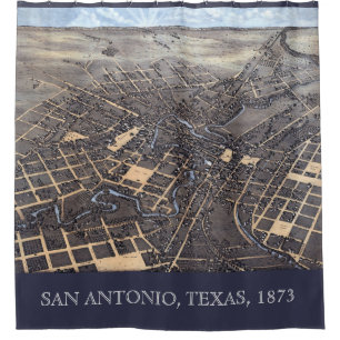 San Antonio, Texas, Antike Luftstadtkarte, 1873 Duschvorhang