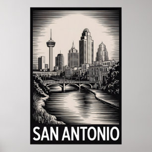 San Antonio Texas Skyline Schwarz Weiß Holzschnitt Poster