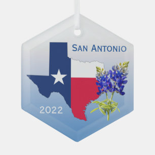 San Antonio Texas, Umriss & Bluebonnets Weihnachts Ornament Aus Glas