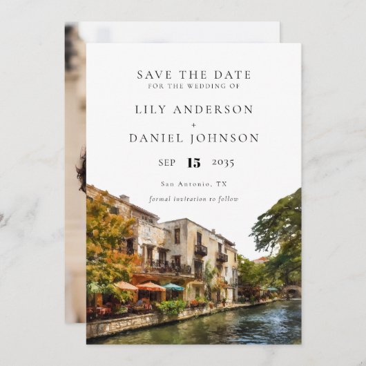 San Antonio Watercolor Photo Wedding Save The Date (Vorne/Hinten)