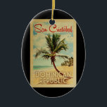 San Cristobal Palm Treviso Keramik Ornament<br><div class="desc">Ein einzigartiger Retro Mitte des Jahrhunderts moderne Kunst-Druck der Dominikanischen Republik San Cristobal im Stil eines Vintage Reiseplakats. Es verfügt über eine geschwungene Palme am Sandstrand mit Ozean unter einem blauen bewölkten Himmel.</div>