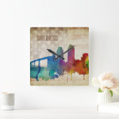 San Diego, Aquarell-Stadt-Skyline CAs | Quadratische Wanduhr (Zuhause)