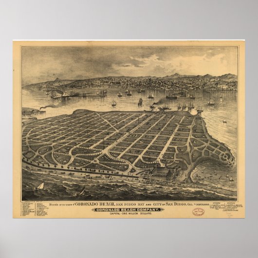 San Diego CA Birds Eye Panorama Karte 1880 Poster (Vorne)