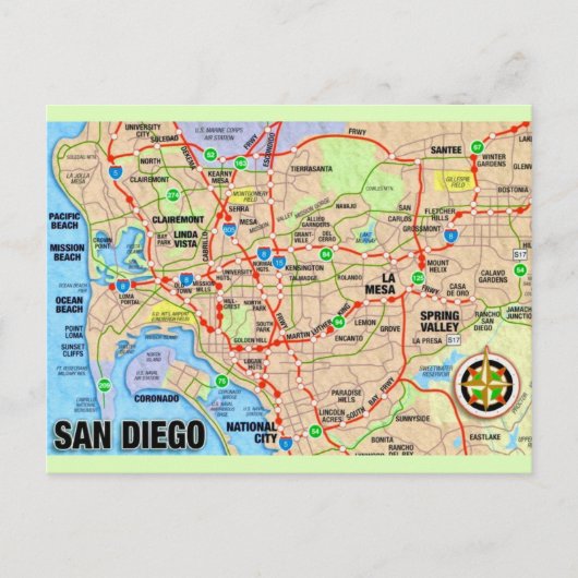 San Diego CA Karte Postkarte (Vorderseite)