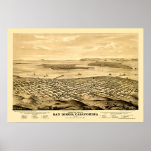 San Diego, CA Panorama Karte - 1876 Poster