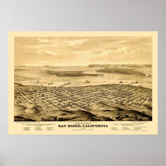 San Diego, CA Panorama Karte - 1876 Poster (Vorne)