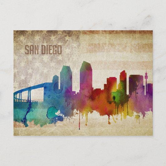San Diego, CA | Wasserfarbe Stadt Skyline Postkarte (Vorderseite)