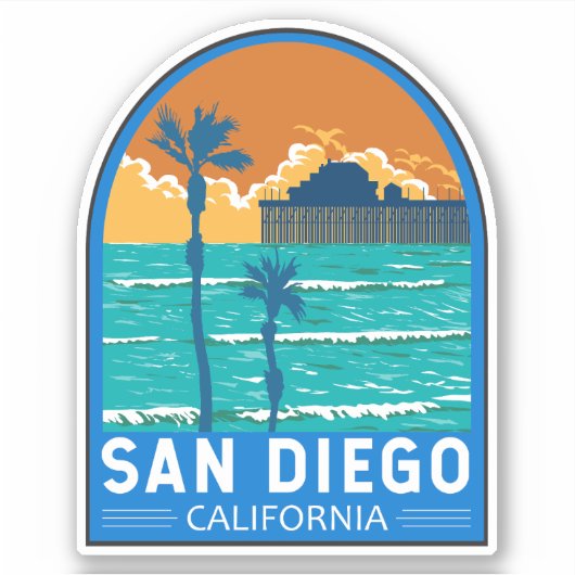 San Diego California Travel Art Vintage Aufkleber (Vorderseite)