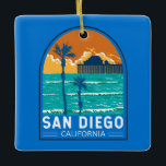 San Diego California Travel Art Vintage Keramikornament<br><div class="desc">San Diego retro vector travel design of Oceanside Municipal Pier. San Diego,  California,  is a coastal paradise known for its sun-soaked beaches,  vibrant cultural scene,  and a year-round pleasant climate.</div>