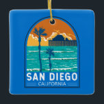 San Diego California Travel Art Vintage Keramikornament<br><div class="desc">San Diego retro vector travel design of Oceanside Municipal Pier. San Diego,  California,  is a coastal paradise known for its sun-soaked beaches,  vibrant cultural scene,  and a year-round pleasant climate.</div>