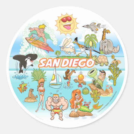 San Diego Cartoon Runder Aufkleber (Vorderseite)