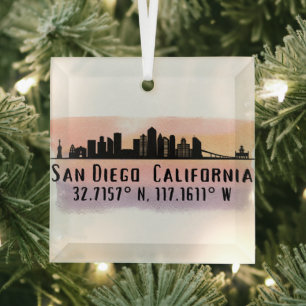 San Diego City Skyline Latitude und Längengrad Ornament Aus Glas