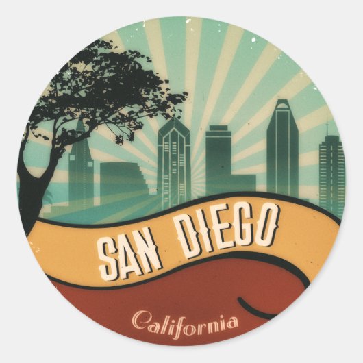 San Diego City Skyline Retro Vintager Aufkleber (Vorderseite)