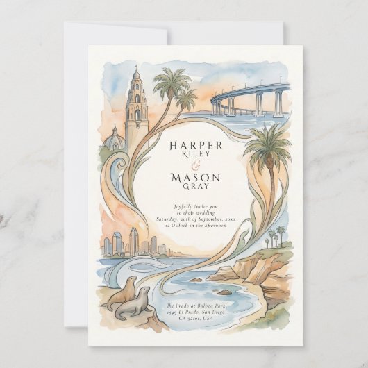 San Diego Coastal Landmarks Watercolor Wedding Einladung (Vorderseite)