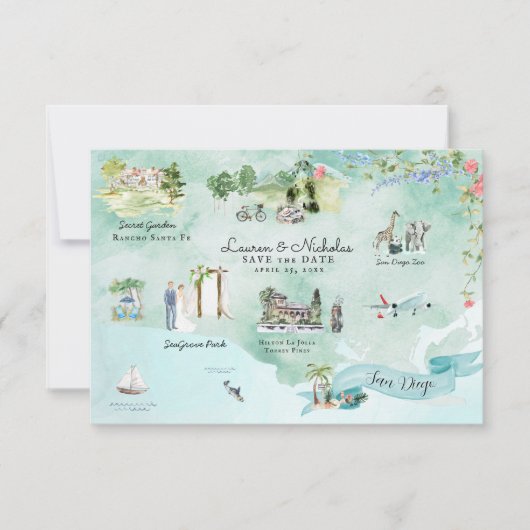 San Diego | Hochzeit in Urlaubsort Fahrplan Einladung (Vorderseite)