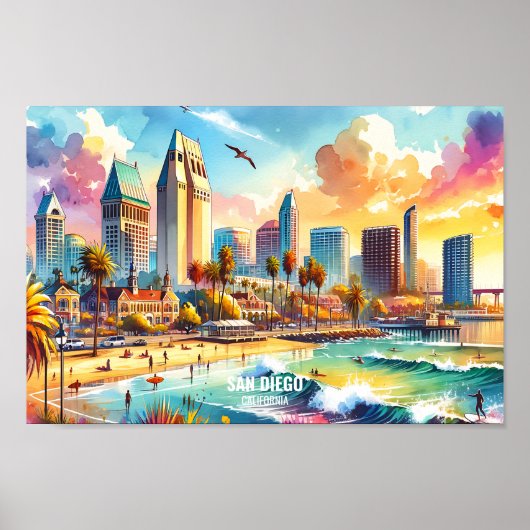 San Diego Kalifornien Reisen Orte Aquarell Poster (Vorne)