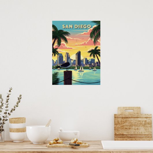 San Diego, kalifornische Skyline mit Möwe Poster (Küche)