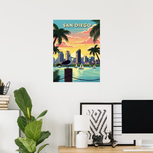 San Diego, kalifornische Skyline mit Möwe Poster (Heimbüro)