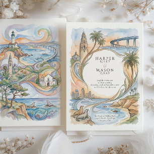 San Diego Küstenlandmarken Aquarell-Hochzeit Einladung