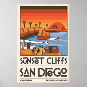 San Diego Reiseplakat Retro Sunset Cliffs Szene Poster