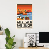 San Diego Reiseplakat Retro Sunset Cliffs Szene Poster (Heimbüro)