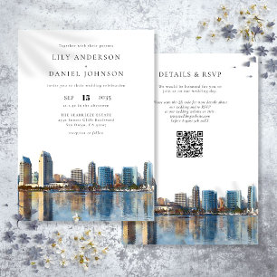 San Diego Skyline Aquarell QR-Code Hochzeit Einladung
