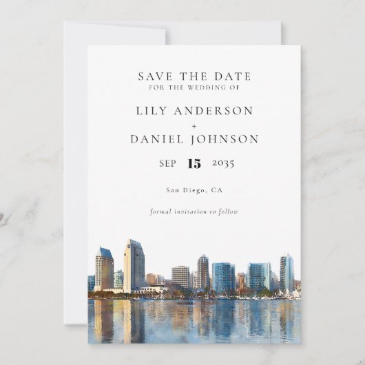 San Diego Skyline Watercolor Destination Wedding Save The Date (Vorderseite)
