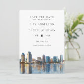 San Diego Skyline Watercolor Destination Wedding Save The Date (Stehend Vorderseite)