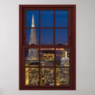 San Fran Skyline bei Night Imitats Cherry Wood Win Poster