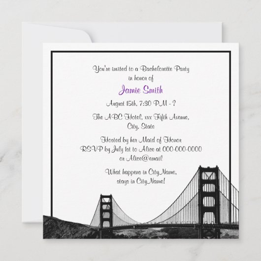 San Fran Skyline Etched BW Lila SQ Bachelorette Einladung (Rückseite)