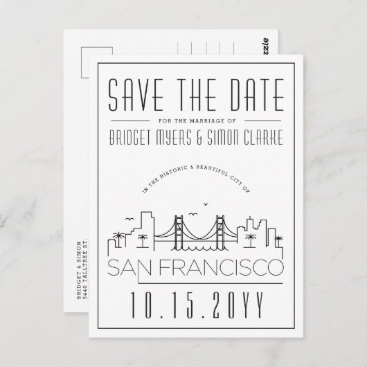 San Fran Wedding | Stilisierte Skyline Save the Da Postkarte (Vorne/Hinten)