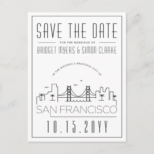 San Fran Wedding | Stilisierte Skyline Save the Da Postkarte (Vorderseite)