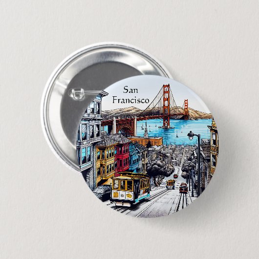 San Francisco, California Comic Book Style Art Button (Vorne & Hinten)