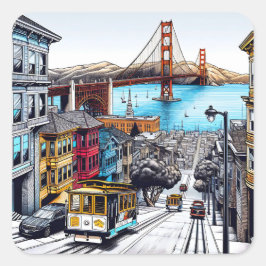San Francisco, California Comic Book Style Art Quadratischer Aufkleber