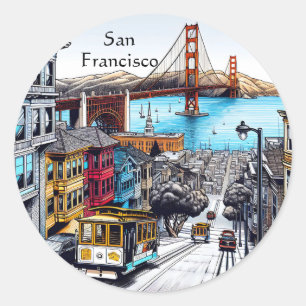 San Francisco, California Comic Book Style Art Runder Aufkleber