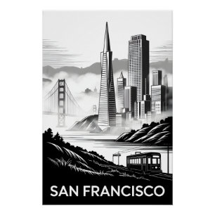 San Francisco Kalifornien Schwarz-Weiß-Holzschnitt Poster