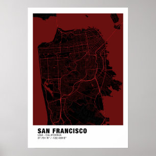 San Francisco Kartenposter - California Rot Karte Poster