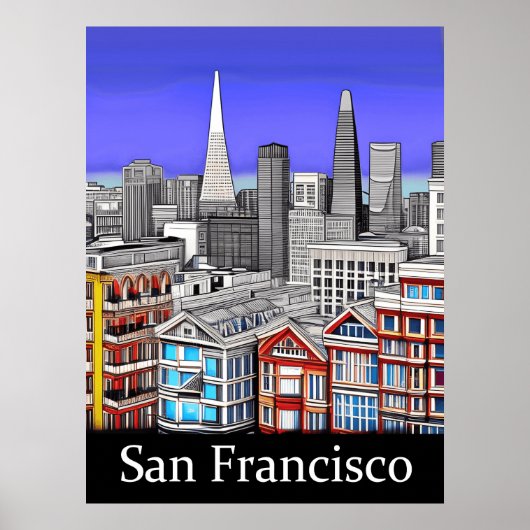 San Francisco Skyline Colored Line Art Poster (Vorne)