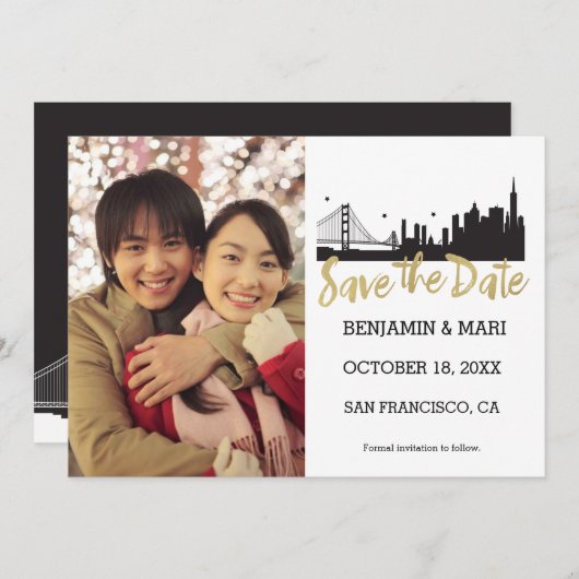 San Francisco Skyline Gold Script Save the Date (Vorne/Hinten)