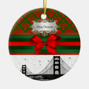San Francisco Skyline Rot Grün Damast #2 Schleife  Keramikornament