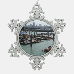 San Francisco und Pier 39 Sea Lions City Skyline Schneeflocken Zinn-Ornament