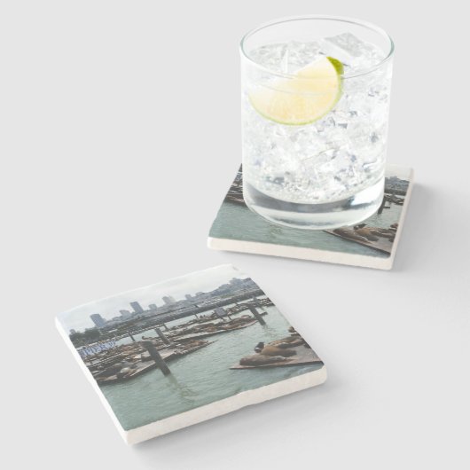 San Francisco und Pier 39 Sea Lions City Skyline Steinuntersetzer (Seitenansicht)