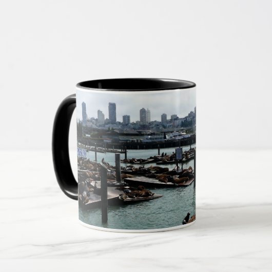 San Francisco und Pier 39 Sea Lions City Skyline Tasse (Vorderseite Links)
